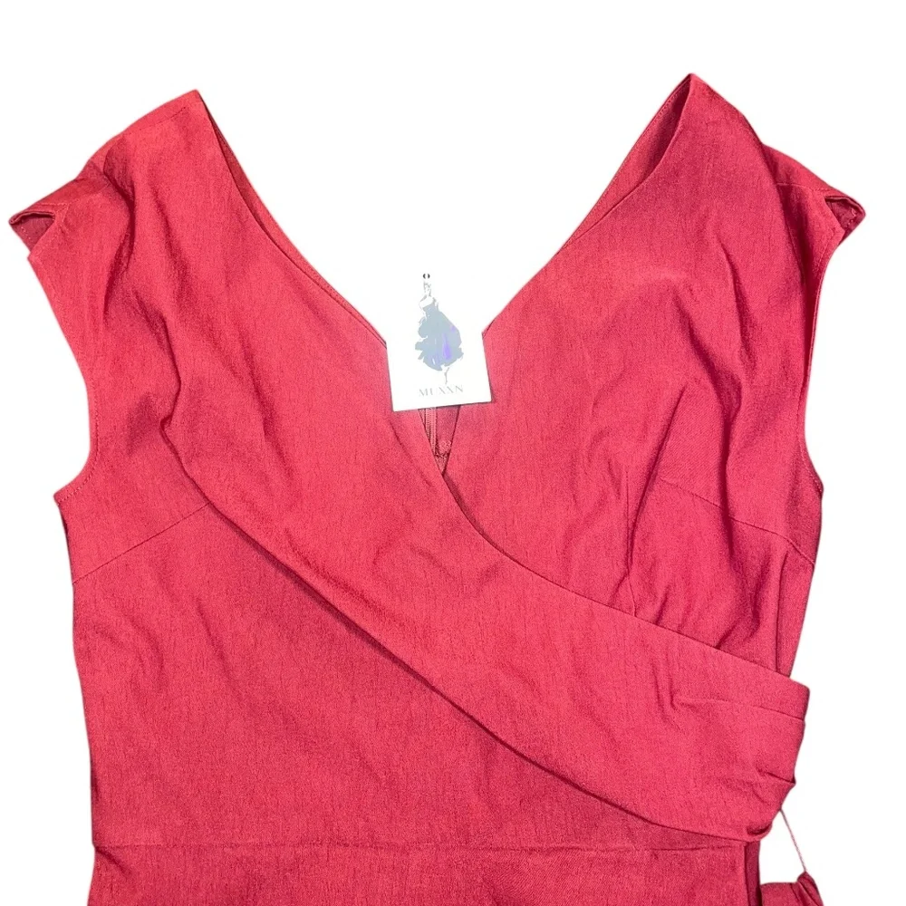 NEW Women's Muxxn Red Wrap‎ V Neck Tie Waist Formal Vintage Dress Sz L